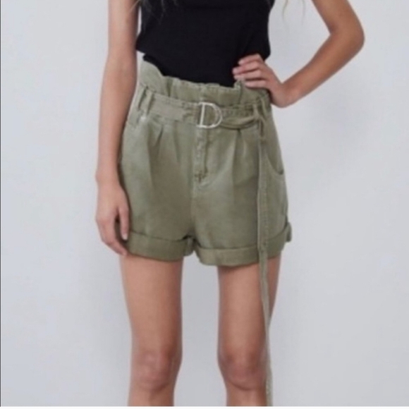 Zara Women's Green Paperbag Bermuda Shorts Size 4 With Tie Belt - Picture 2 of 11